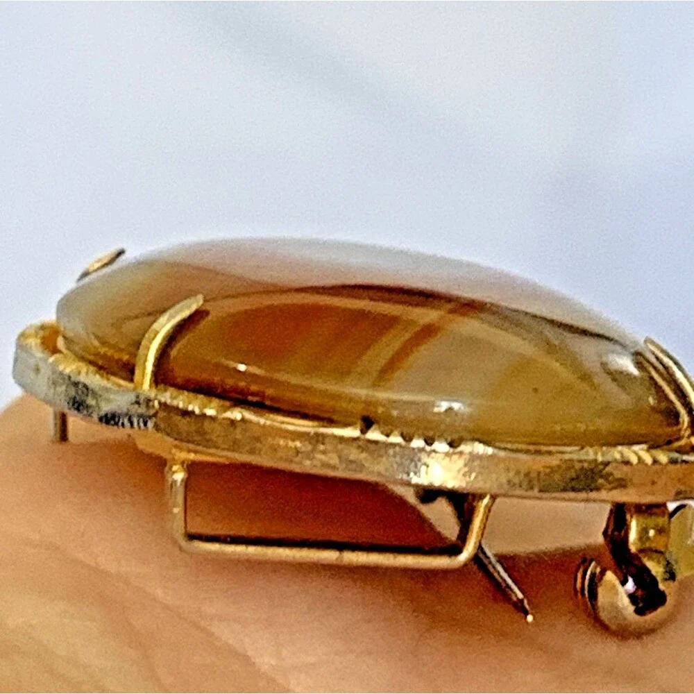 Vintage Banded Agate Stone Brooch Pendant Gold Tone Convertible Oval Cabochon